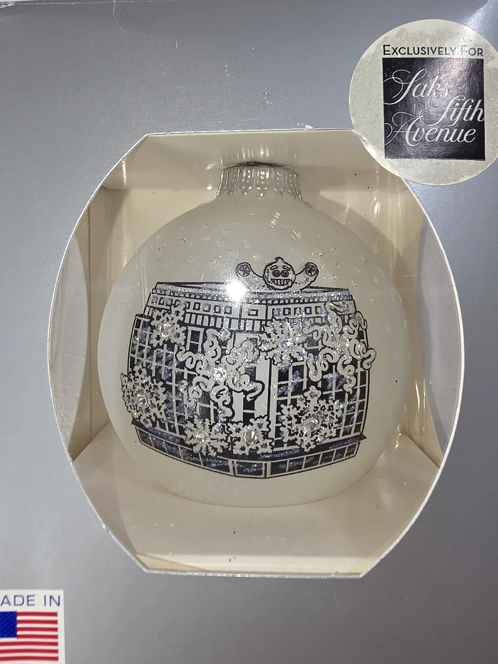 Saks Fifth Avenue White Glass Hand Painted Yeti Exclusive Holiday Ornament